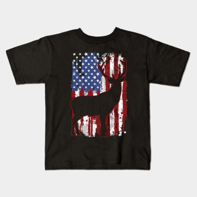 Deer USA Flag Deer Hunting Kids T-Shirt by KAWAIITEE